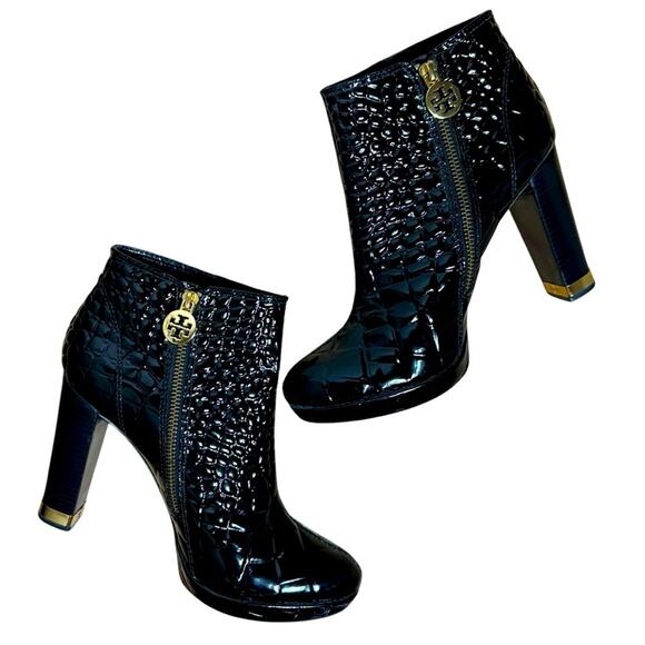 Tory Burch Leigh Black Patent Leather Croc Quilted Bootie Gold Hardware Size 9 - Picture 1 of 11
